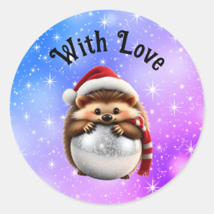 Pegatina Redonda Cute Hedgehog abrazando Bola de Navidad Sticker Re