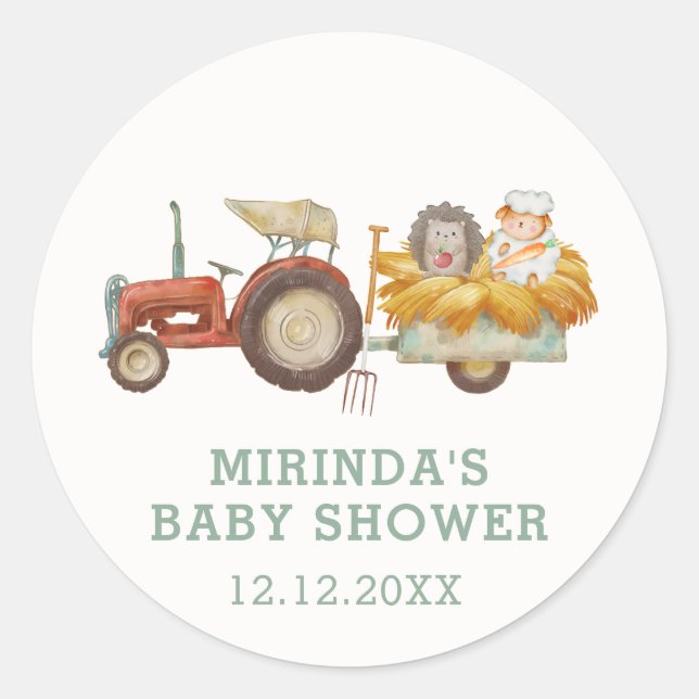 Pegatina Redonda Cute Hedgehog Farm Tractor Baby Shower (Anverso)