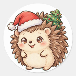 Pegatina Redonda Cute Hedgehog Santa Hat Christmas Tree Sticker