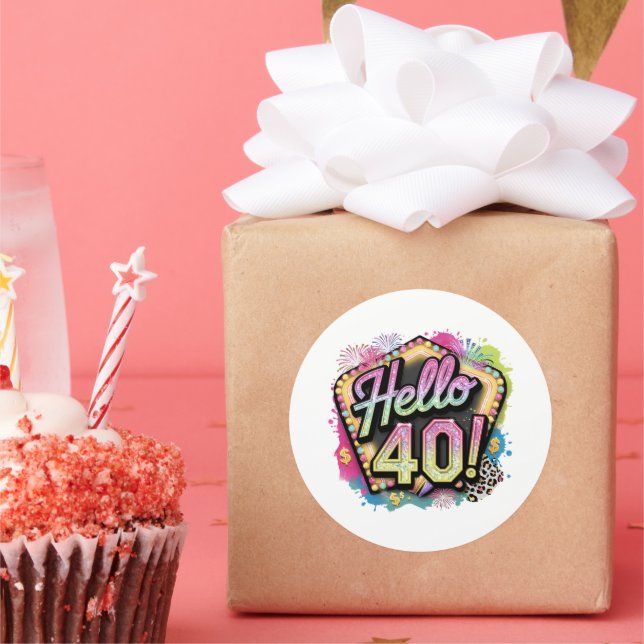 Pegatina Redonda Cute hello forty Birthday word art  (Fiesta)