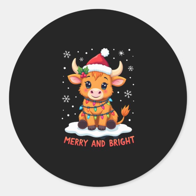 Pegatina Redonda Cute Highland Baby Cow Christmas Lights Merry & Br (Anverso)