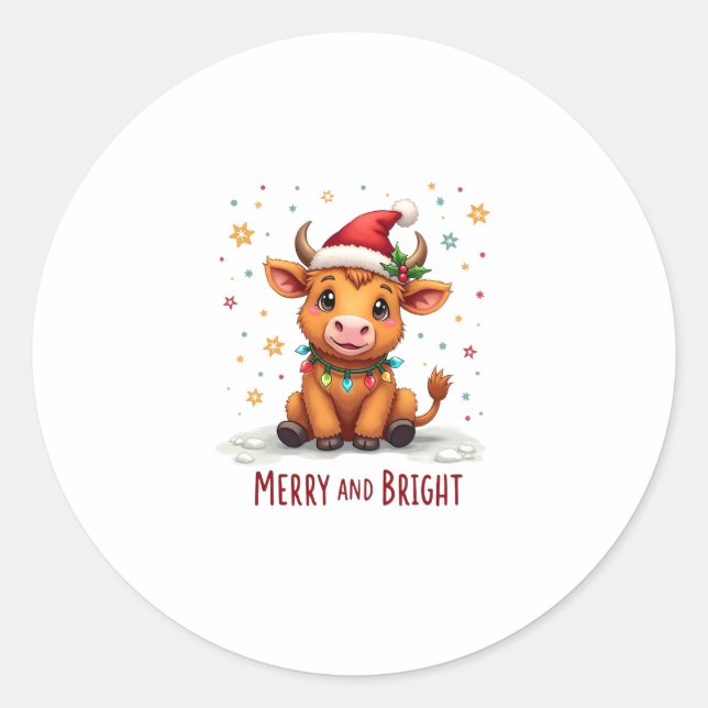 Pegatina Redonda Cute Highland Baby Cow Christmas Lights Merry & Br (Anverso)