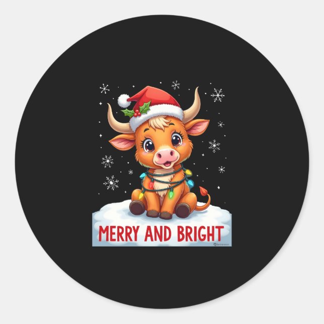 Pegatina Redonda Cute Highland Baby Cow Christmas Lights Merry & Br (Anverso)