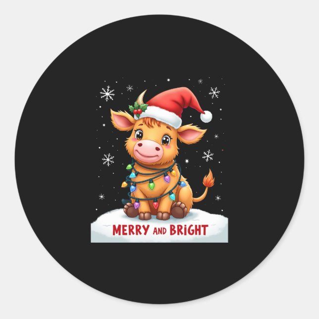 Pegatina Redonda Cute Highland Baby Cow Christmas Lights Merry & Br (Anverso)