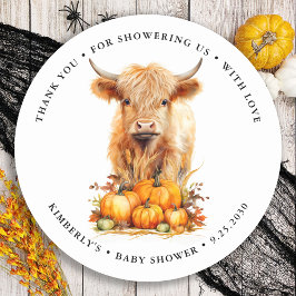 Pegatina Redonda Cute Highland Cow Autumn Pumpkins Baby Shower