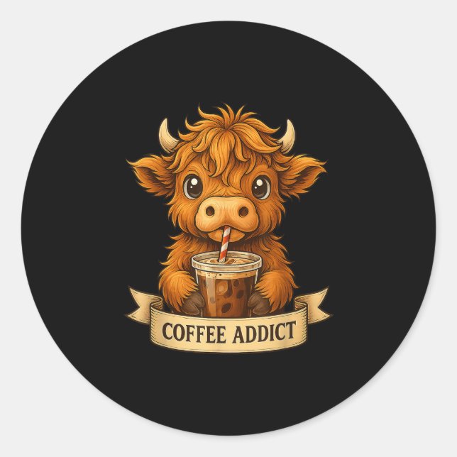 Pegatina Redonda Cute Highland Cow Bebe Café Gracioso Para Hombres  (Anverso)