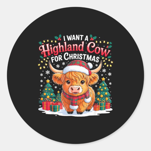 Pegatina Redonda Cute Highland Cow Christmas Funny Santa Lights Hol (Anverso)