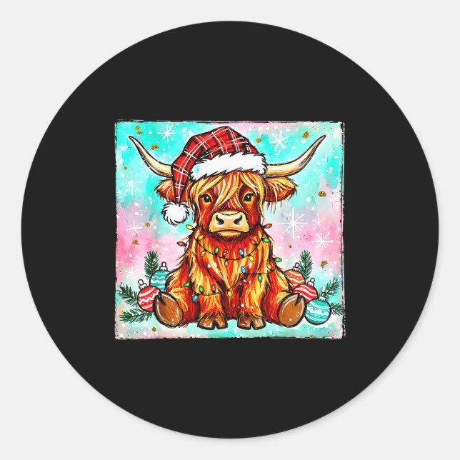 Pegatina Redonda Cute Highland Cow Christmas Lights Merry Xmas Cows (Anverso)