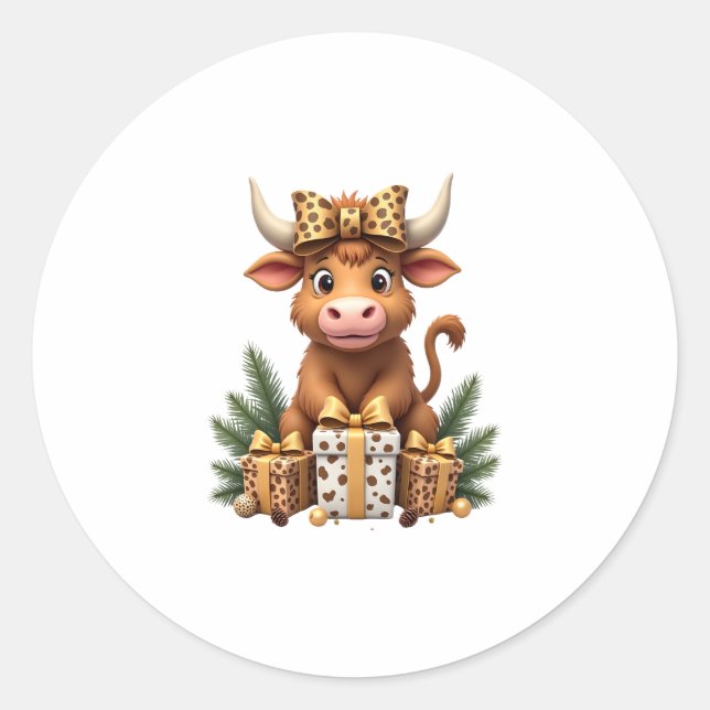 Pegatina Redonda Cute Highland Cow Christmas Santa Highland Cow Lov (Anverso)