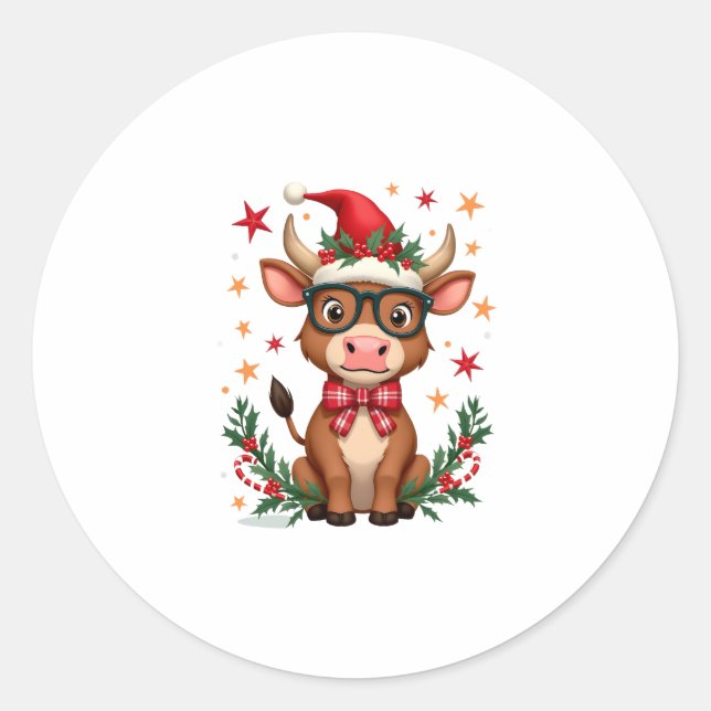 Pegatina Redonda Cute Highland Cow Lover Santa Hat Western Christma (Anverso)