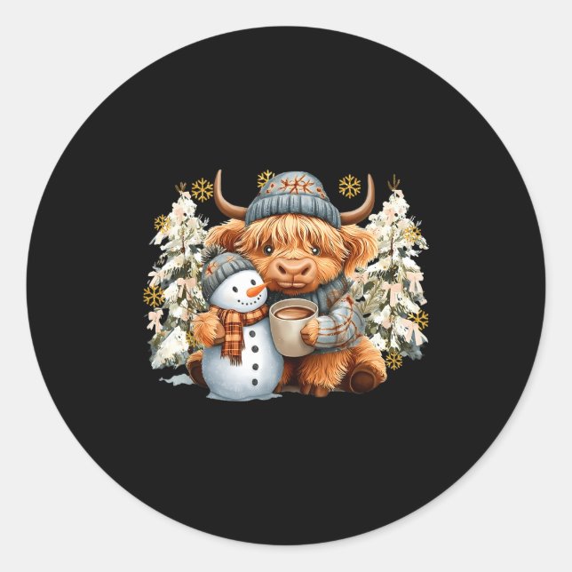 Pegatina Redonda Cute Highland Cow With Snowman Hot Cocoa Christmas (Anverso)