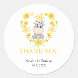 Pegatina Redonda Cute Hippo Amarillo Flower Cumpleaños Gracias