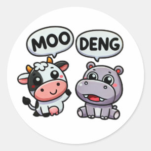 Pegatina Redonda Cute Hippo Deng se encuentra con un gracioso moo d