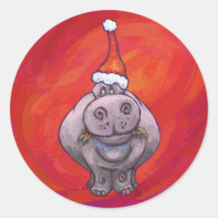 Pegatina Redonda Cute Hippo en Santa Hat en Red