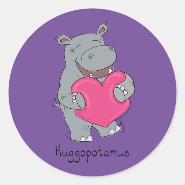 Pegatina Redonda Cute Hippo Hugs Cute Animal Personalizado (Anverso)