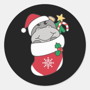 Pegatina Redonda Cute Hippos En Las Acciones De Navidades Para Navi