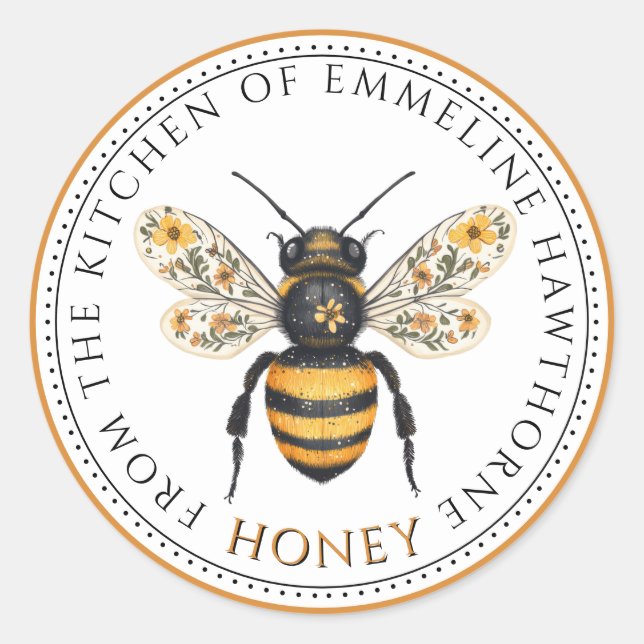 Pegatina Redonda Cute Honey Bee Floral Honey Label (Anverso)