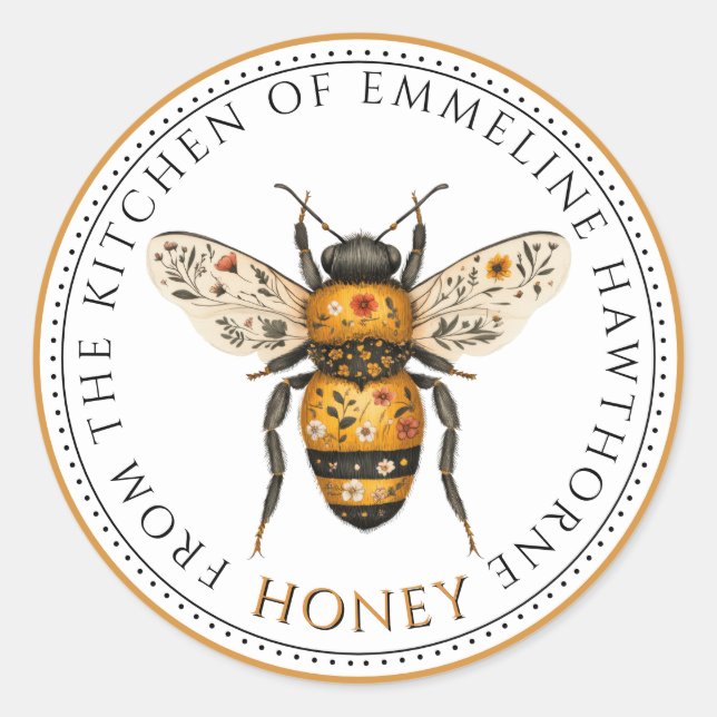 Pegatina Redonda Cute Honey Bee Floral Honey Label (Anverso)