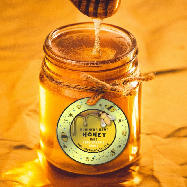 Pegatina Redonda Cute Honey Jar Fresh Bee (#zazzlemade #honeylabel #driphoney #dripping #bee #yellowlabel)