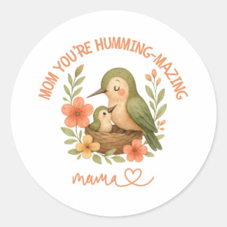 Pegatina Redonda Cute Humming Bird Mom Día de la Madre