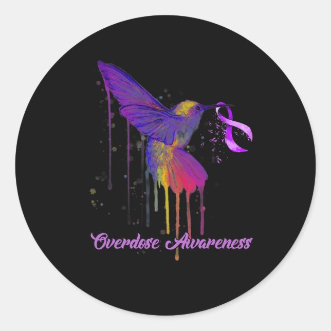 Pegatina Redonda Cute Hummingbird Holding Purple Ribbon Sobredosis  (Anverso)