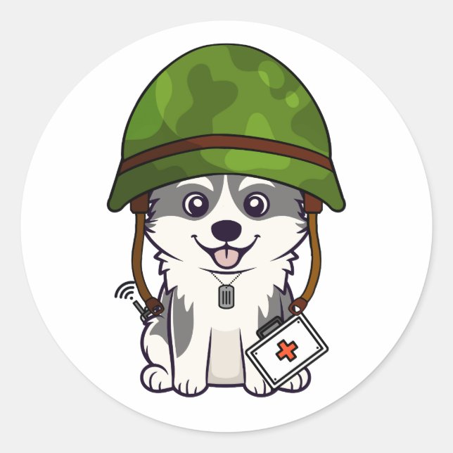 Pegatina Redonda Cute Husky Usando casco del ejército (Anverso)
