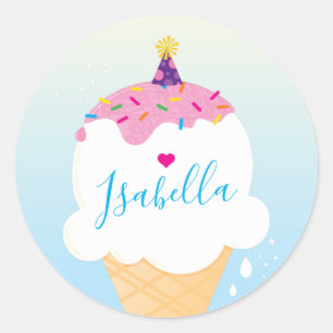 Pegatina Redonda CUTE ICE CREMA CONE rociar fiesta retro azul