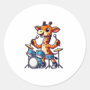Pegatina Redonda Cute jirafa tocando tambores Girafas Música de tam