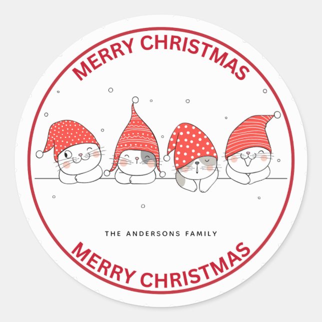 Pegatina Redonda Cute Jolly Cats Feliz Navidad (Anverso)