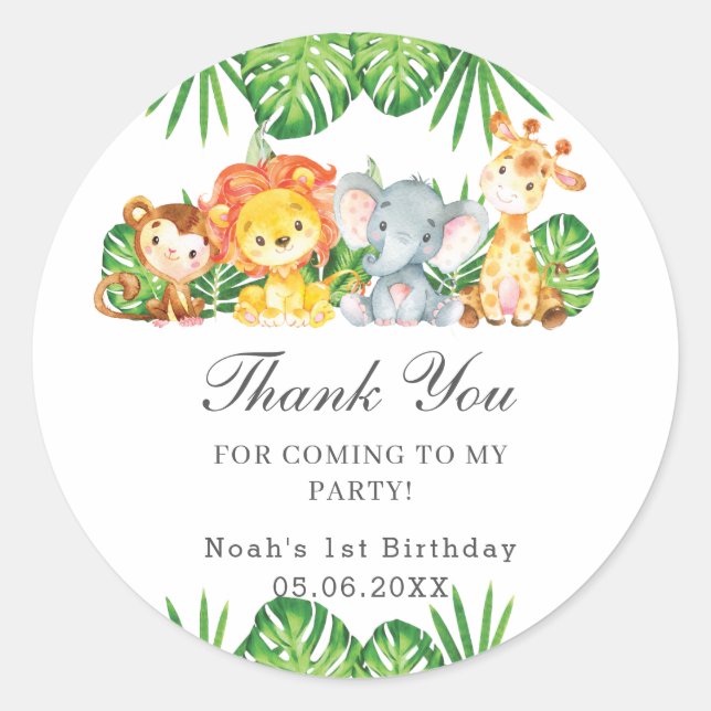 Pegatina Redonda Cute Jungle Animals Greenery Baby Shower Cumpleaño (Anverso)