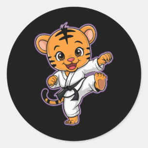 Pegatina Redonda Cute Karate Tiger Martial Arts Gracioso Para Niños