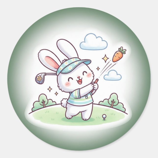 Pegatina Redonda Cute Kawai Bunny Golfer Sport (Anverso)