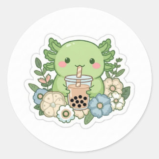 Pegatina Redonda Cute Kawaii Ajolote Verde Bebiendo Boba Tea Sticke