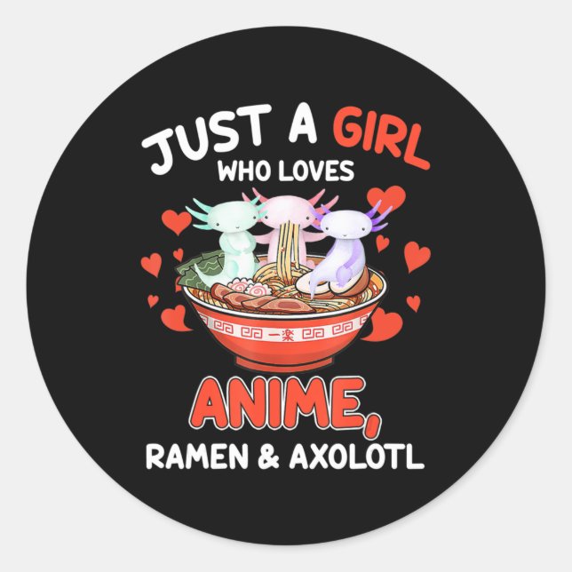Pegatina Redonda Cute Kawaii Anime Axolotl Japoneses Ramen Noodles  (Anverso)