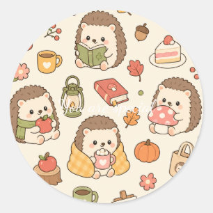 Pegatina Redonda Cute Kawaii Autumn Hedgehog Pattern   Cozy Woodlan