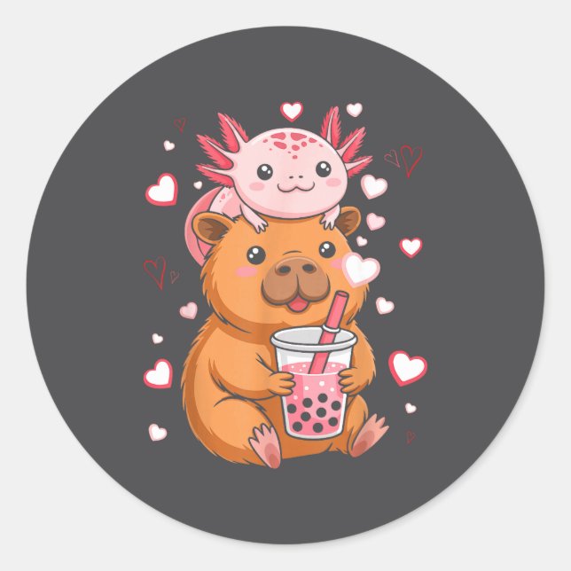 Pegatina Redonda Cute Kawaii Axolotl Capybara Bubble Tea Boys Girls (Anverso)