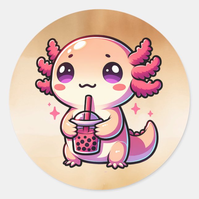 Pegatina Redonda Cute Kawaii Axolotl con té de burbuja (Anverso)