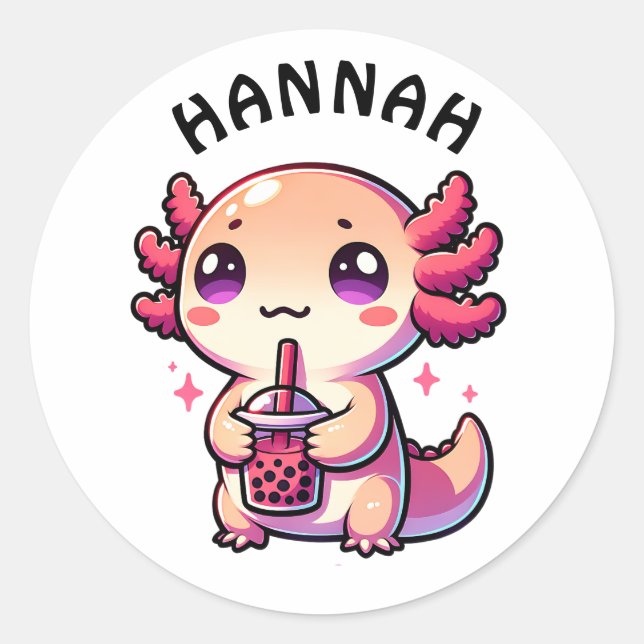 Pegatina Redonda Cute Kawaii Axolotl con té de burbuja personalizad (Anverso)