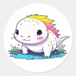 Pegatina Redonda Cute Kawaii Axolotl en el agua