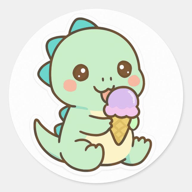 Pegatina Redonda Cute Kawaii Baby Dinosaur Eating Ice Cream Sticker (Anverso)