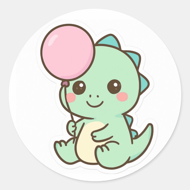 Pegatina Redonda Cute Kawaii Baby Dinosaur with Balloon Sticker (Anverso)