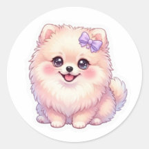 Cute Kawaii Cachorro Pomerania Lazo Morado Pastel