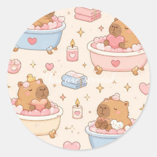 Pegatina Redonda Cute Kawaii Capybara Heart Bath Pattern