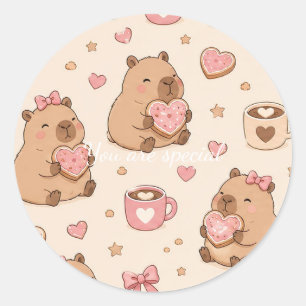 Pegatina Redonda Cute Kawaii Capybara Heart Cookie Pattern