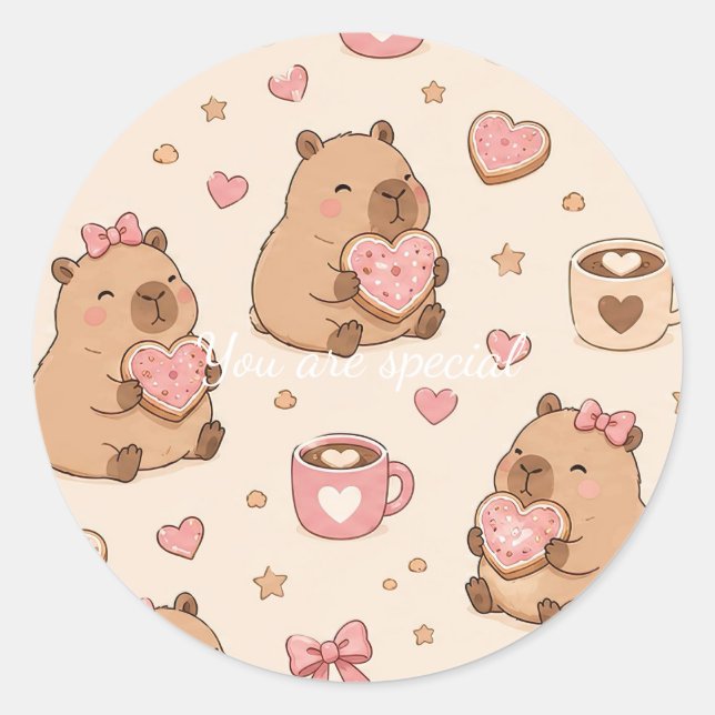 Pegatina Redonda Cute Kawaii Capybara Heart Cookie Pattern (Anverso)