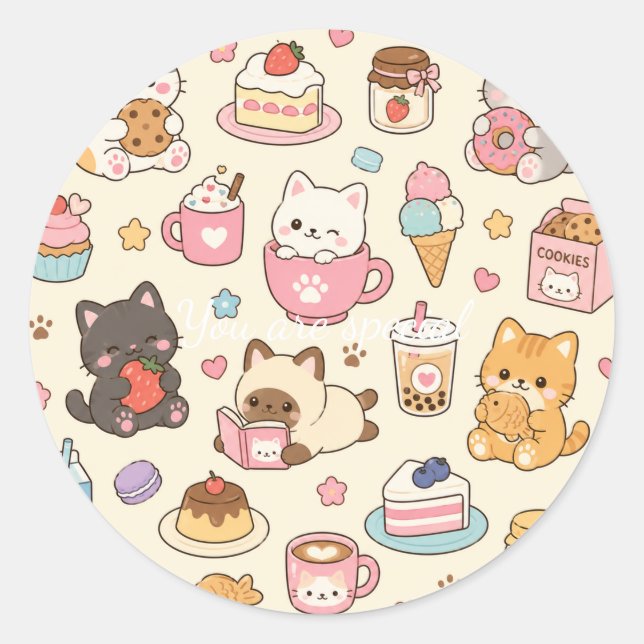 Pegatina Redonda Cute Kawaii Cat Café Pattern | Coffee and Dessert  (Anverso)