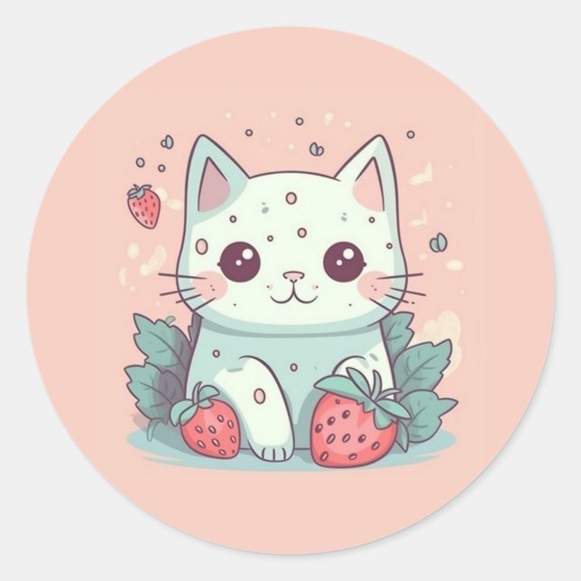 Pegatina Redonda Cute kawaii cat con fresas (Anverso)