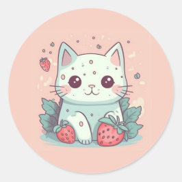 Pegatina Redonda Cute kawaii cat con fresas