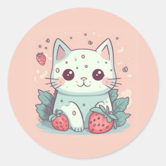Pegatina Redonda Cute kawaii cat con fresas