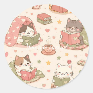 Pegatina Redonda Cute Kawaii Cat Heart Book Pattern